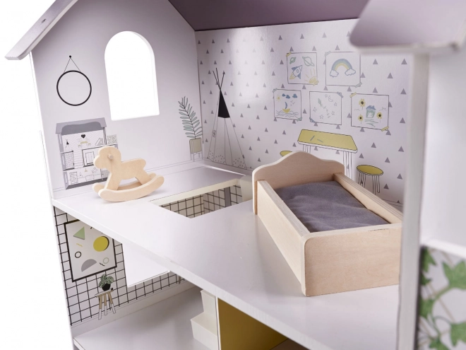 Maison de poupée avec meubles en bois gris