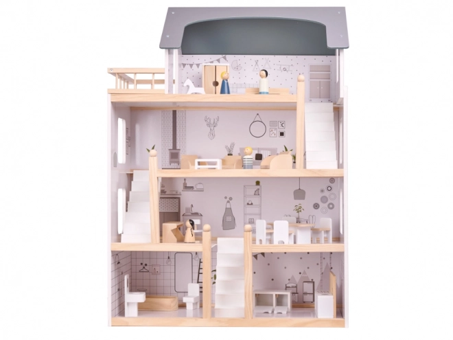 Maison de poupée en bois clair avec meubles - 80cm
