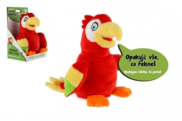 Perroquet Jaroušek répétant des phrases peluche 16 cm à piles avec son dans une boîte 12x20x10 cm dans un sac