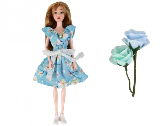 Emily Poupée Bébé Printemps Cheveux Longs Robe Fleur Bleue