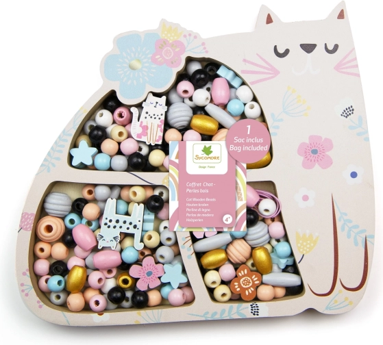 Perles en bois pastel en forme de chat