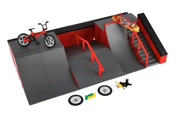 Skatepark - rampe, vélo à doigts, skateboard à doigts en plastique avec accessoires 2 couleurs dans une boîte 43x25x12cm