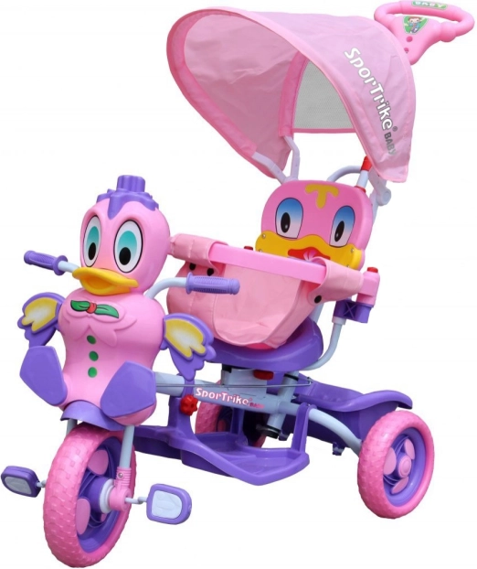 Tricycle pour enfants Caneton violet avec sons, auvent, barrière, repose-pieds, poignée de guidage et panier