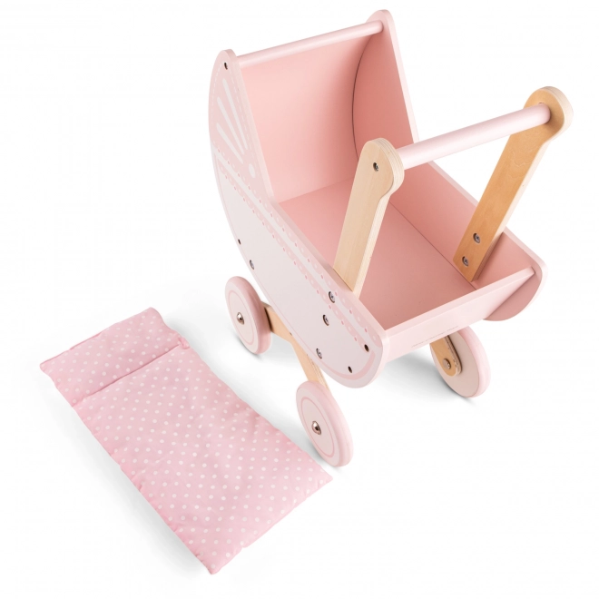 Chariot en bois rose pour poupées avec couverture