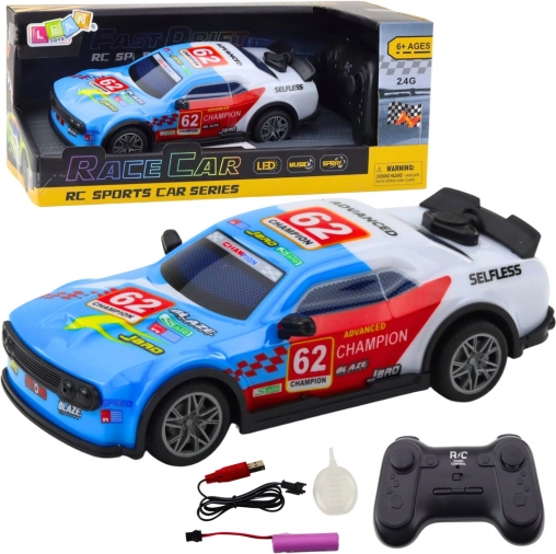 Voiture de course télécommandée avec LED et vapeur d’eau, bleue 1:22