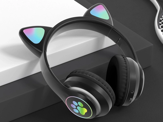 Casque sans fil bluetooth radio fm mp3 oreilles de chat éclairage LED – noir