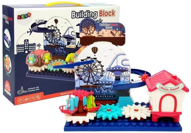 Jeu de constructions avec piste de course et engrenages à piles