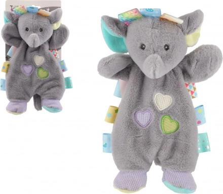 doudou en peluche éléphant 25 cm avec étiquettes colorées