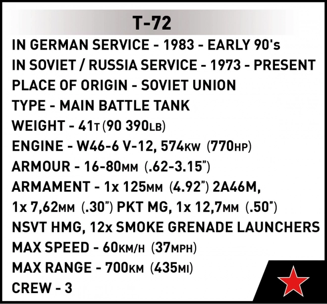 COBI 2625 Forces Armées T-72 (RDA/SOVIÉTIQUE), 1:35, 680 pcs, 1 figurine