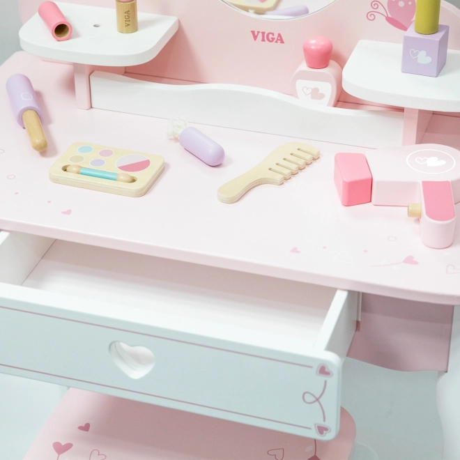 Coiffeuse et tabouret en bois Viga blanc et rose avec miroir