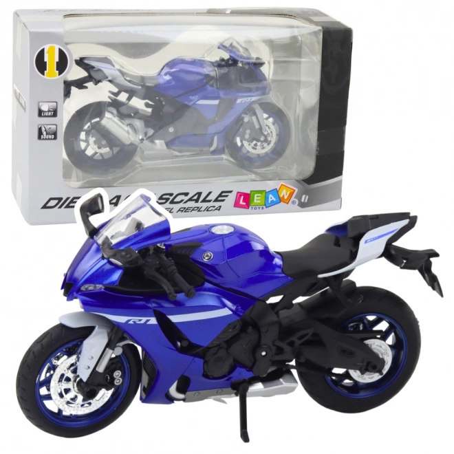 Moto sportive en métal bleu R1 1:12