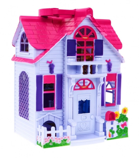 Maison de poupées pliable 3+ Violet + figurines de famille + chien + meubles + 2 étages