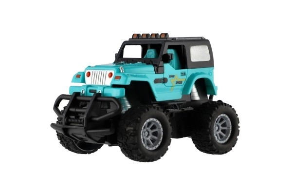 Voiture RC tout-terrain 14cm plastique 27MHz à piles avec lumière en boîte 20x11x10cm – Turquoise