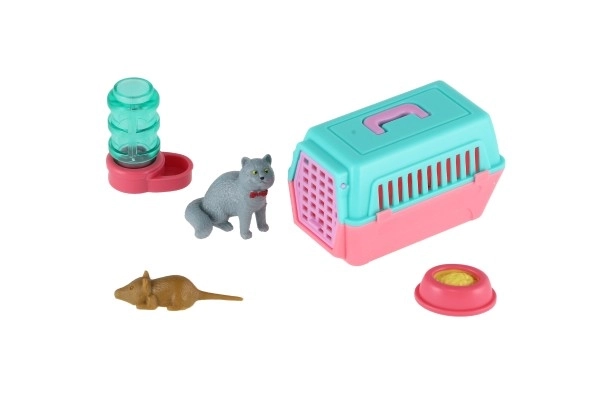 Petit chat avec une boîte de transport et accessoires