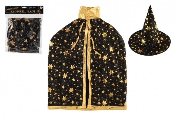 Chapeau de sorcier + cape pour enfants diamètre 38cm noir-doré en sac de carnaval