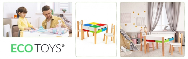 ECOTOYS Table en bois pour enfants avec plateau de jeu et deux chaises