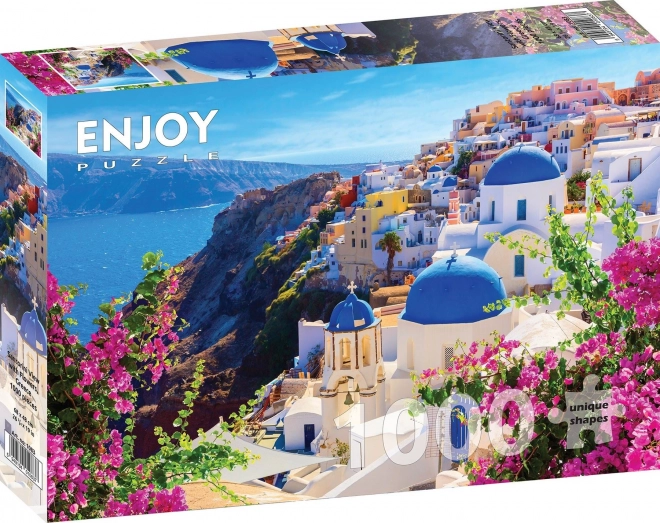 Puzzle Santorini avec des fleurs, Grèce 1000 pièces