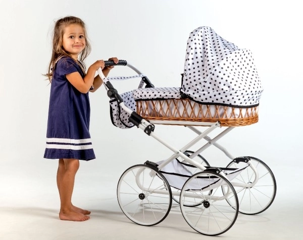 Poussette Monika RETRO osier construction blanche blanc à pois hauteur de la poignée 76cm réglable