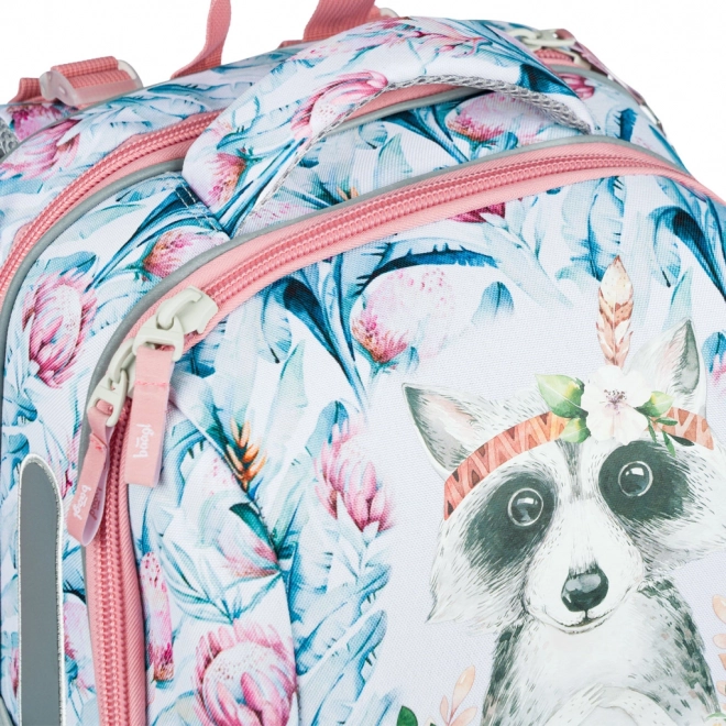 Cartable d'école avec raton laveur et motif floral