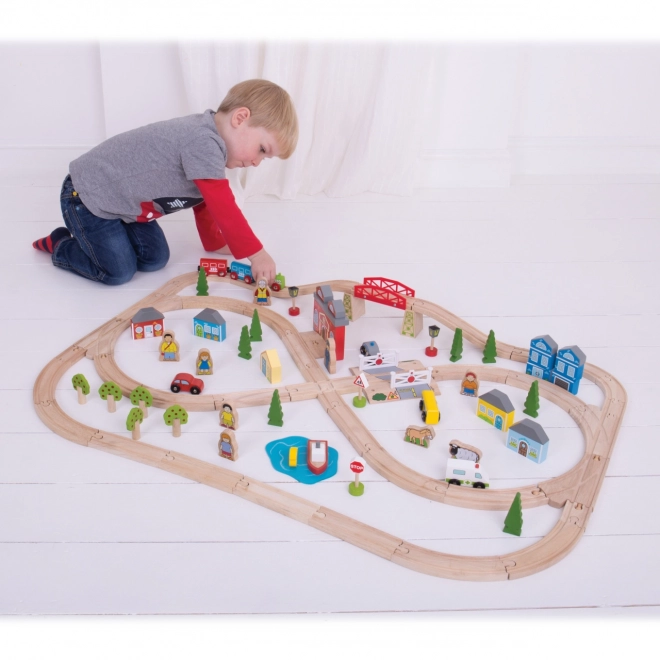 Bigjigs Rail Circuit de train en bois ville et village 101 pièces