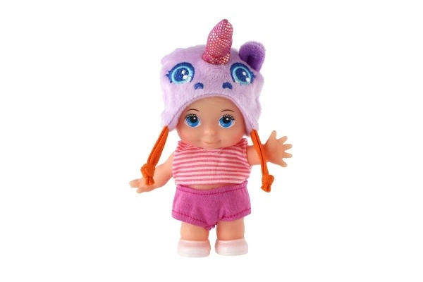 Poupée/bébé avec bonnet, plastique corps rigide 15cm, 4 types dans boîte 9x16x6cm