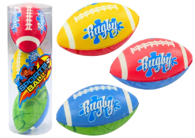Ensemble de 3 ballons en mousse de rugby 3 couleurs