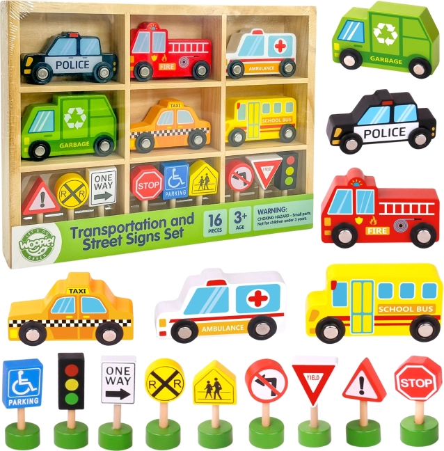 Woopie Green ensemble en bois de véhicules et panneaux de signalisation, 15 pièces
