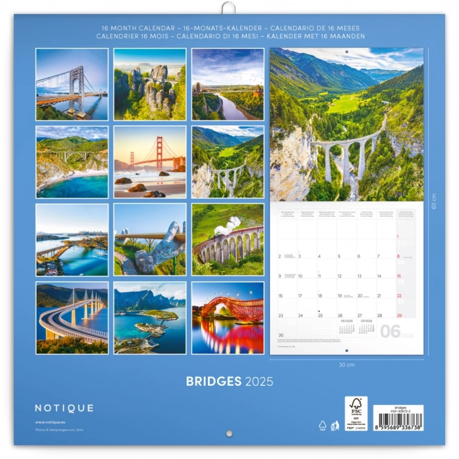 NOTIQUE Calendrier de Notes Ponts 2025, 30 x 30 cm