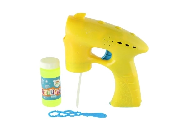 Pistolet à bulles jaune en plastique 13cm + 1 recharge à piles sur carte