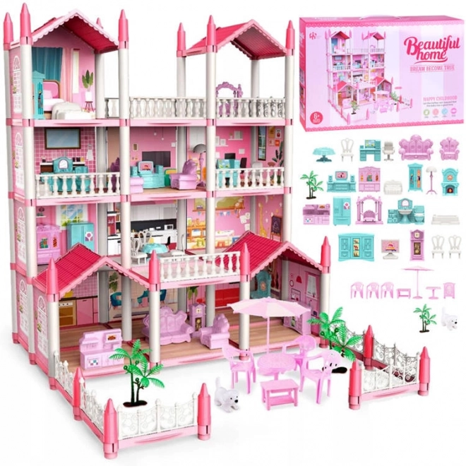 Villa rose – maison de poupée avec mobilier, 222 pièces