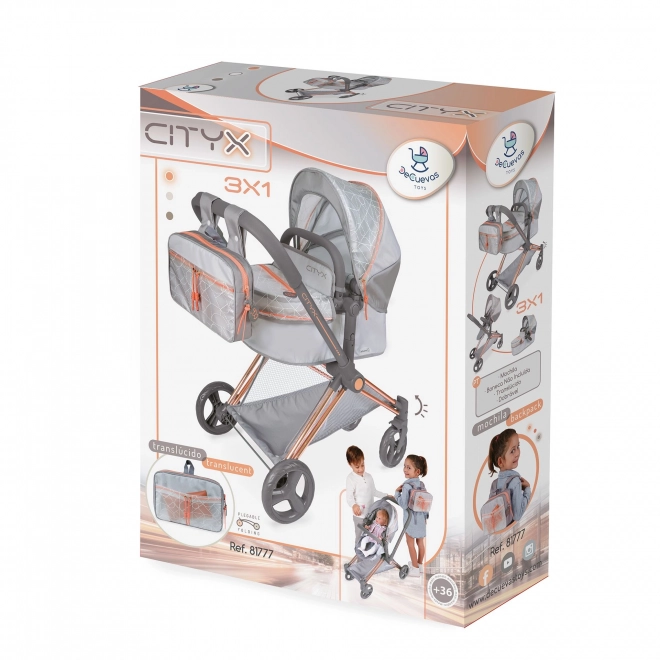 DeCuevas 81777 Poussette pliable pour poupées 3 en 1 avec sac à dos CITY X 2024 - 73 cm