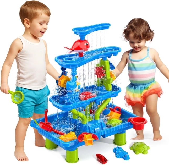 Woopie jeu d’eau de table 4-en-1 avec bac à sable et cascade XL à 4 niveaux Dauphin