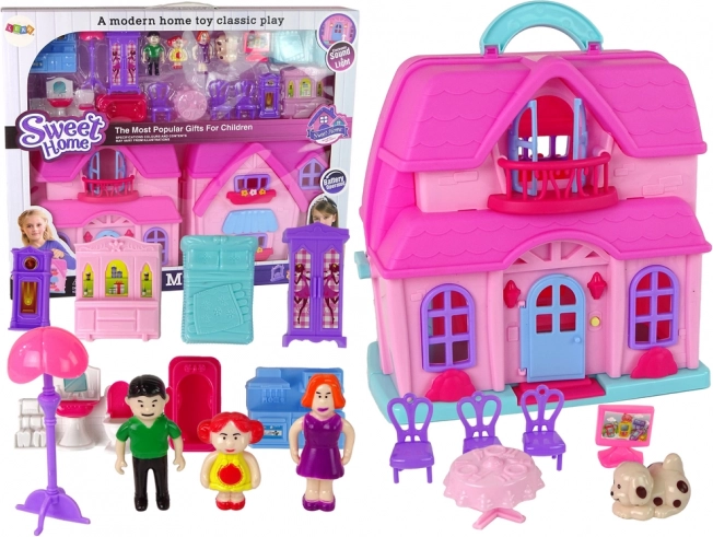 Maison de poupées rose avec mobilier et figurines