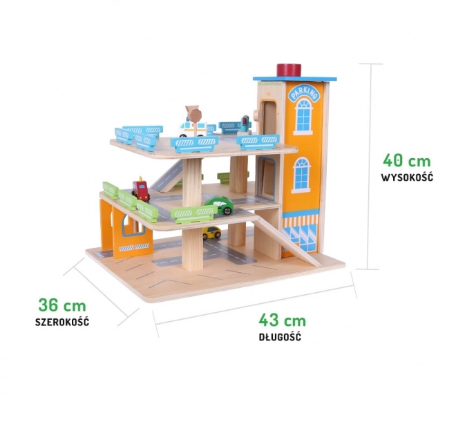 Piste de garage en bois avec ascenseur + petites voitures Ecotoys