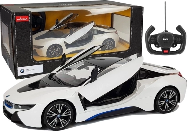 Voiture radiocommandée BMW i8 Rastar 1:14 blanche avec portes automatiques