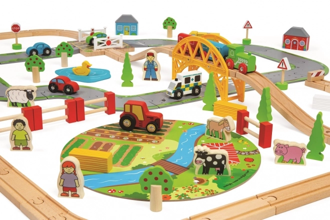 Bigjigs Rail Circuit en bois avec route de campagne 80 pièces