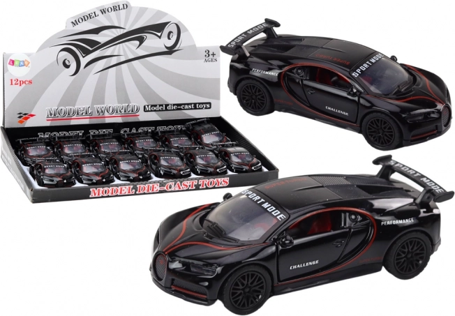 Voiture de sport en métal 1:32 avec figurine et aileron, noire, lumières et sons