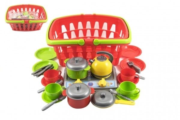 Panier d'achat en plastique + ensemble de vaisselle avec cuisinière en sachet