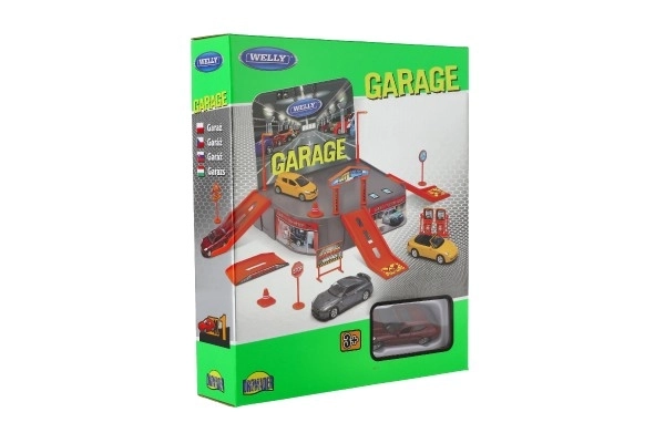 Garage Welly + voiture Welly Porsche métal/plastique dans boîte 21x25x5,5cm