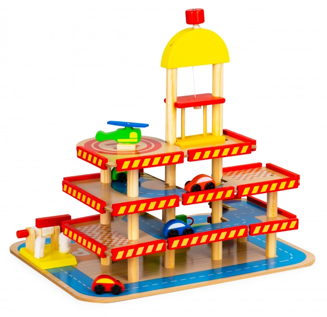 ECOTOYS Garage en bois à étages avec ascenseur, héliport et autres accessoires