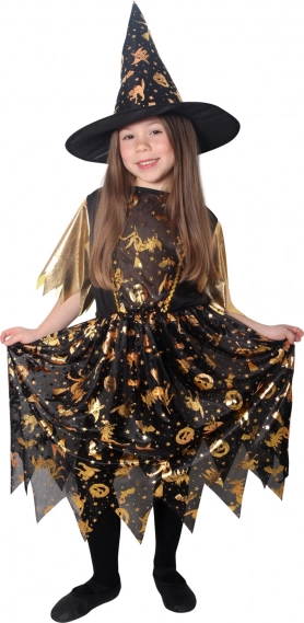 Déguisement de sorcière enfant noir et or avec chapeau