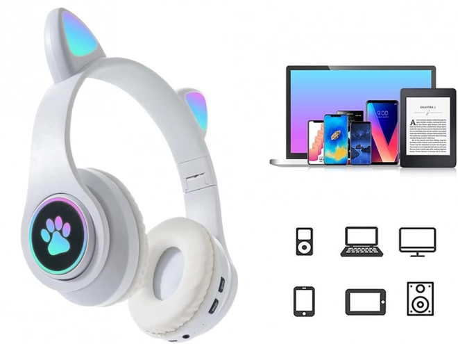 Casque sans fil bluetooth radio fm mp3 oreilles de chat éclairage LED – Blanc