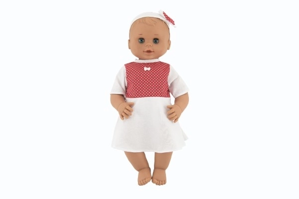 Poupée Hamiro à yeux dormeurs 50 cm avec corps rigide et robe blanche à pois rouges