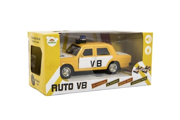 Voiture de police VB métal/plastique 12cm à rétrofriction avec piles, lumière, son, dans boîte 15x7x7cm