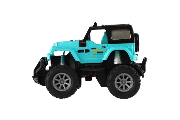 Voiture RC tout-terrain 14cm plastique 27MHz à piles avec lumière en boîte 20x11x10cm – Turquoise