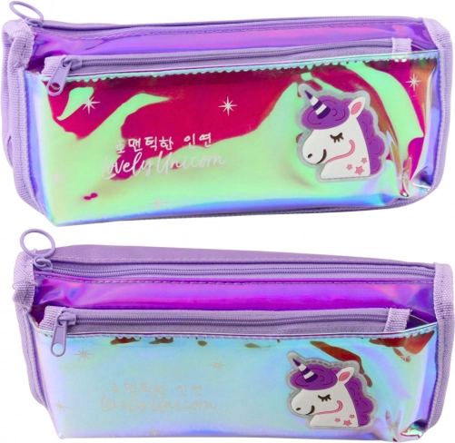 Trousse scolaire holographique violette avec licorne