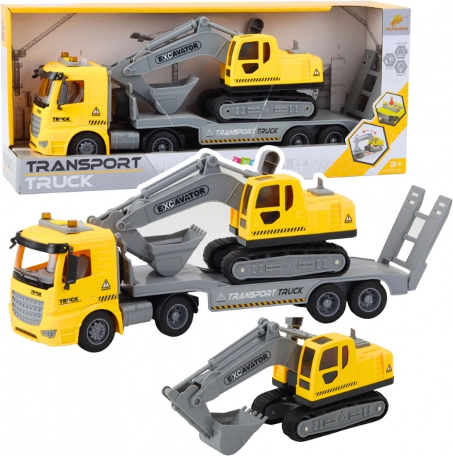Camion avec plateau détachable et pelleteuse à chenilles avec lumières et sons – jaune