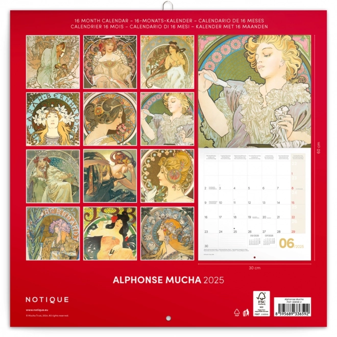 Calendrier de notes Alfons Mucha 2025, 30 × 30 cm