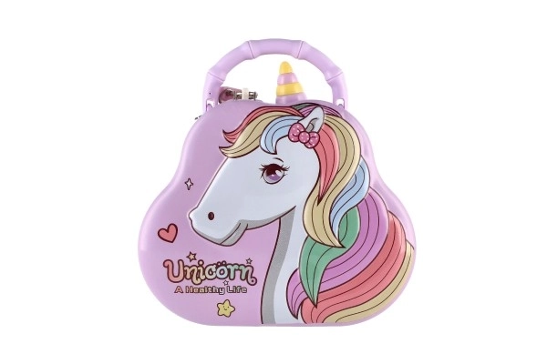 Tirelire sac à main licorne en métal avec serrure 15x14cm 3 couleurs dans une boîte en plastique