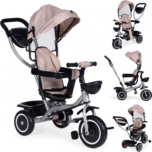 Tricycle 2-en-1 pour enfants avec siège pivotant et auvent pliable, beige ECOTOYS
